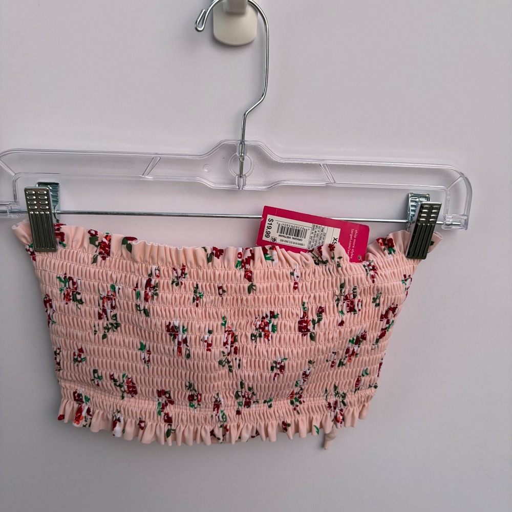 Xhilaration Pink Floral Smocked Bandeau Bikini Top Lace‎ Up Back XS AF706T NEW